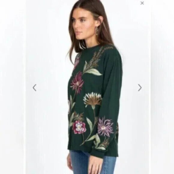 Johnny Was Meriah Gorgeous Green Floral Embroidered Long Sleeve Tee - Picture 2 of 4